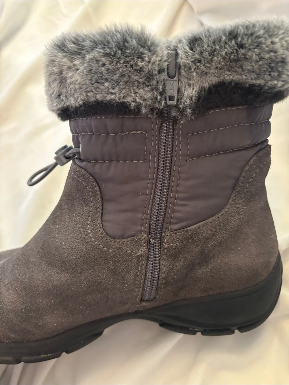 Lands' End Women's Gray Suede Faux-Fur Cuff Ankle Snow Boots